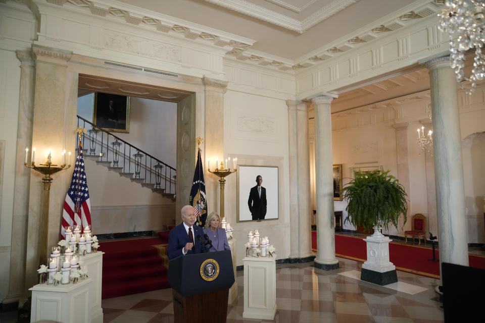 President Joe Biden, accompanied by first lady Jill Biden, speaks on the one year anniversary of the school shooting in Uvalde, Texas, at the White House in Washington, Wednesday, May 24, 2023. (AP Photo/Andrew Harnik)