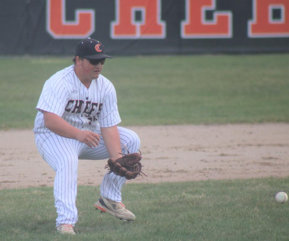 Cheboygan senior third baseman Blake Blaskowski awaits a ground ball during game one against Sault Ste. Marie on Thursday.