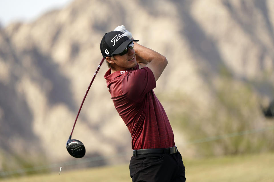 Richy Werenski hits from the first tee during the third round of The American Express golf tournament on the Pete Dye Stadium Course at PGA West Saturday, Jan. 23, 2021, in La Quinta, Calif. (AP Photo/Marcio Jose Sanchez)