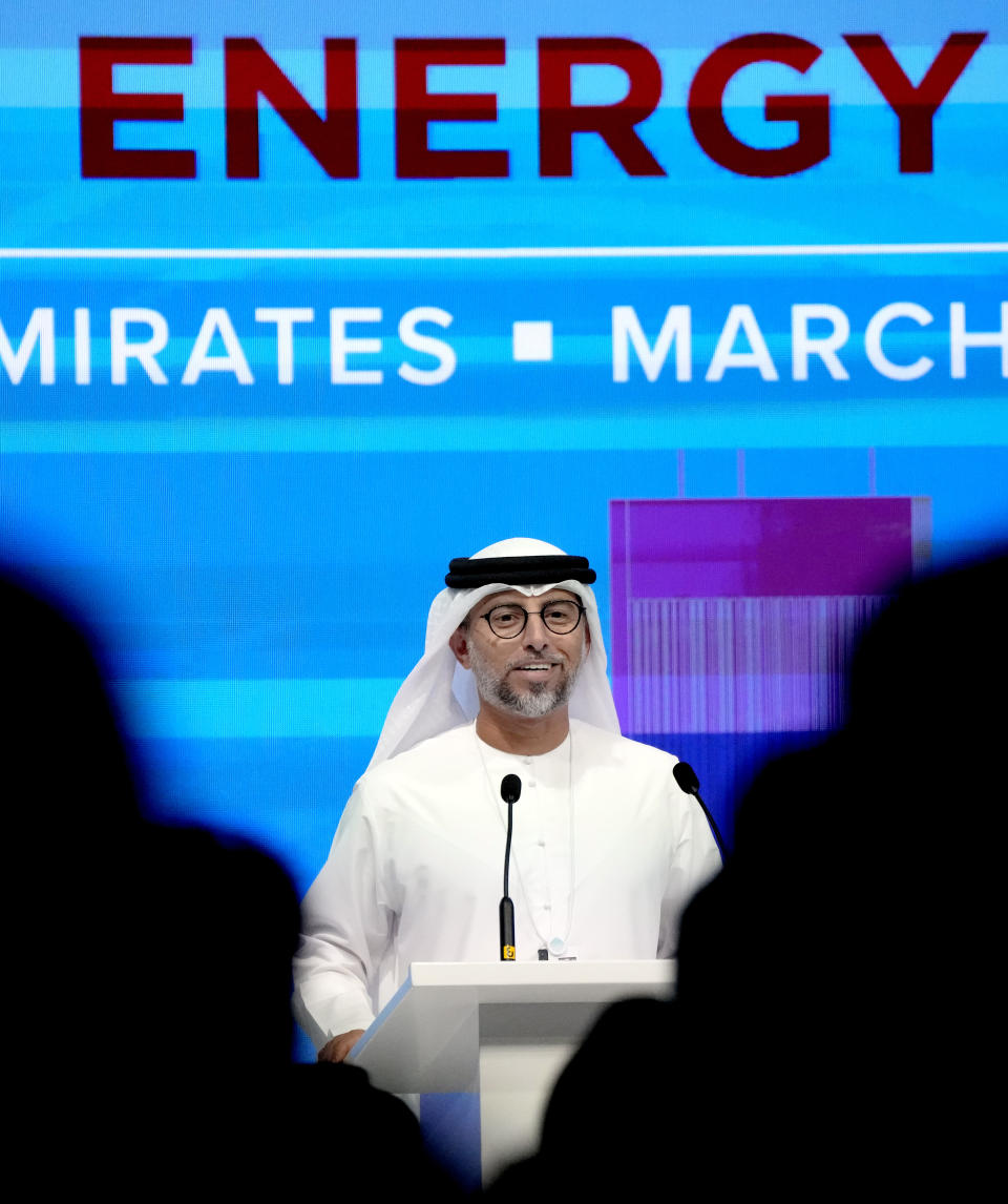 United Arab Emirates Energy Minister Suhail al-Mazrouei speaks during the Atlantic Council's Global Energy Forum at the Dubai Expo 2020, in Dubai, United Arab Emirates, Monday, March 28, 2022. The United Arab Emirates' energy minister doubled down Monday on an oil alliance with Russia that's helped buoy crude prices to their highest in years as the war in Ukraine rattles markets and sends energy and commodity prices soaring. (AP Photo/Ebrahim Noroozi)