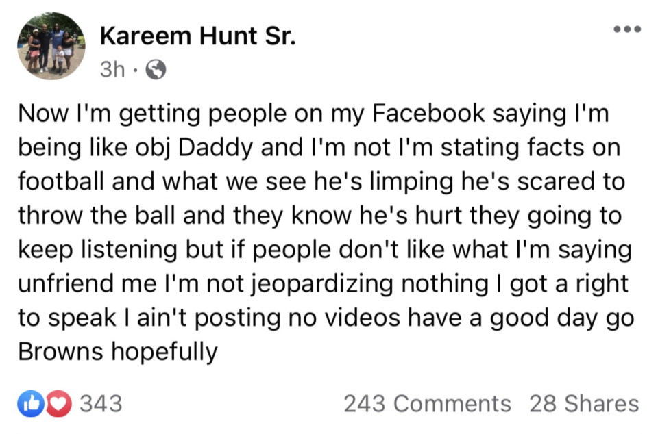 This screenshot shows the now-deleted Facebook post from Kareem Hunt Sr. on Sunday night.