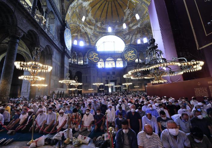 <span class="caption">The first Muslim prayers were held on Friday inside the Hagia Sophia in 86 years.</span> <span class="attribution"><a class="link " href="http://www.apimages.com/metadata/Index/APTOPIX-Turkey-Hagia-Sophia/f4660c89a4ff45f0bb0c55da84da3ef2/3/0" rel="nofollow noopener" target="_blank" data-ylk="slk:AP Photo/Yasin Akgul">AP Photo/Yasin Akgul</a></span>