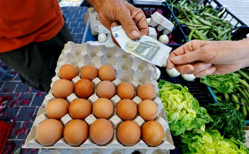 Una persona paga con un billete de cinco euros para comprar huevos en un mercado local en Niza