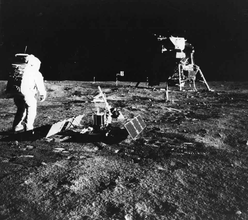 1969: Apollo 11 astronaut Edwin 'Buzz' Aldrin deploys a scientific experiment package on the surface of the moon (Getty Images)