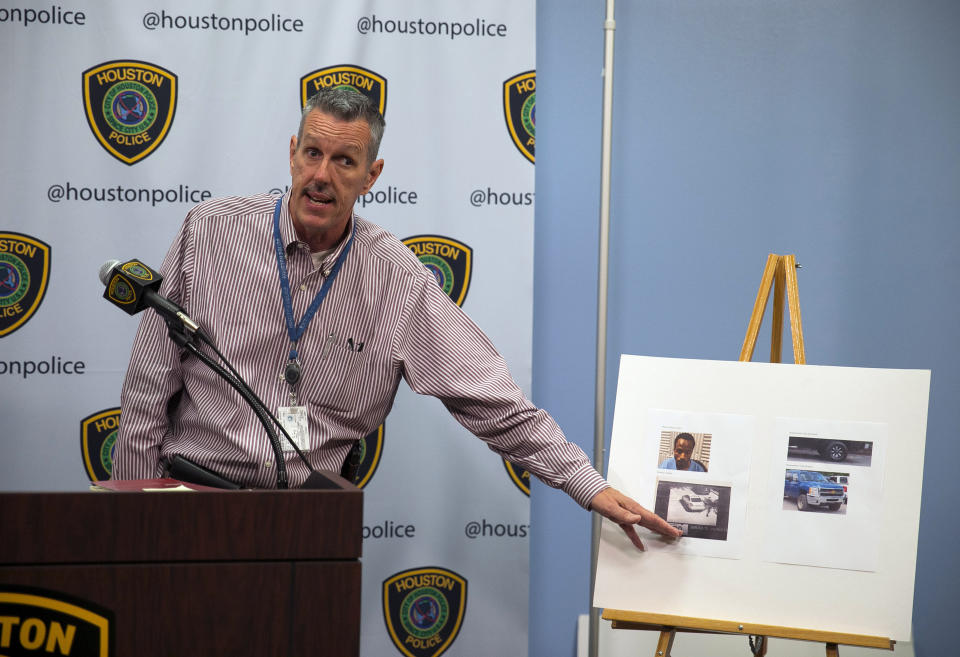 Sgt. Mark Holbrook gives an update about Maleah Davis, a four-year-old girl missing since Saturday night, during a news conference at the Houston Police Department headquarters, Sunday, May 5, 2019. (Annie Mulligan/Houston Chronicle via AP)