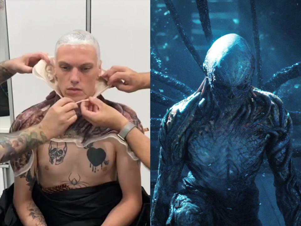 A side by side image showing an actor with multiple people applying face coverings, and the character in prosthetics in "Stranger Things."