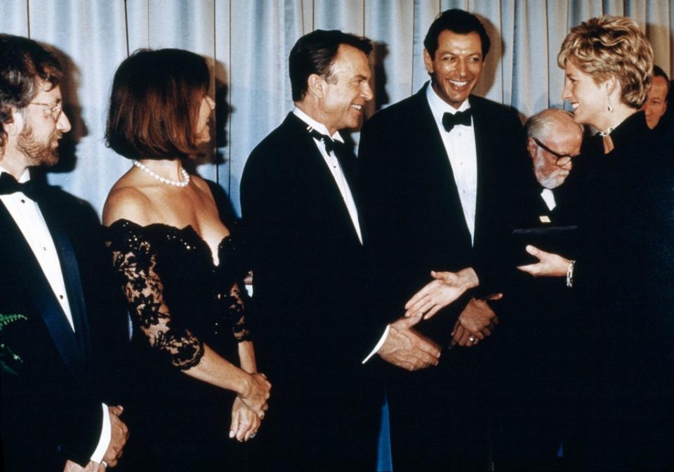 Princess Diana meets with the cast of “Jurassic Park” at the 1993 premiere. Alex Bailey/Sygma/Sygma via Getty Images