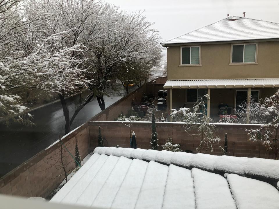 Snow on the rooftop of two homes in Las Vegas and on a line of trees next to a road.