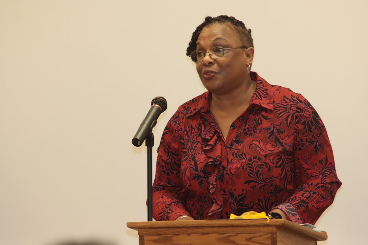 Jeanette Henagan, president of the Lenawee County chapter of the NAACP, speaks Monday at a Martin Luther King Jr. Day breakfast hosted by the Tecumseh First Presbyterian Church.