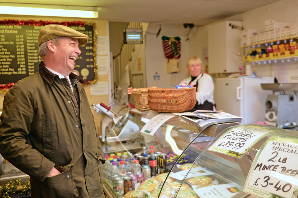 Brexit Party leader Nigel Farage inside a pie shop during a visit to Bolsover, Chesterfield, whilst on the General Election campaign trail.