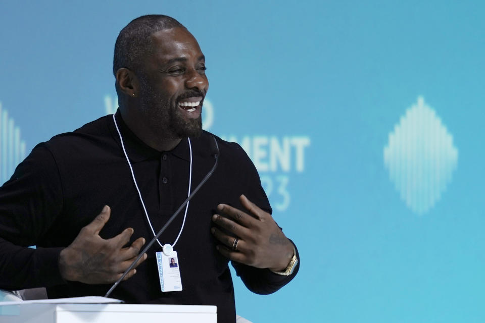 British actor Idris Elba speaks during the World Government Summit in Dubai, United Arab Emirates, Tuesday, Feb. 14, 2023. While on stage, Elba brought up the persistent discussions about him taking over as Ian Fleming's famed British spy 007. (AP Photo/Kamran Jebreili)