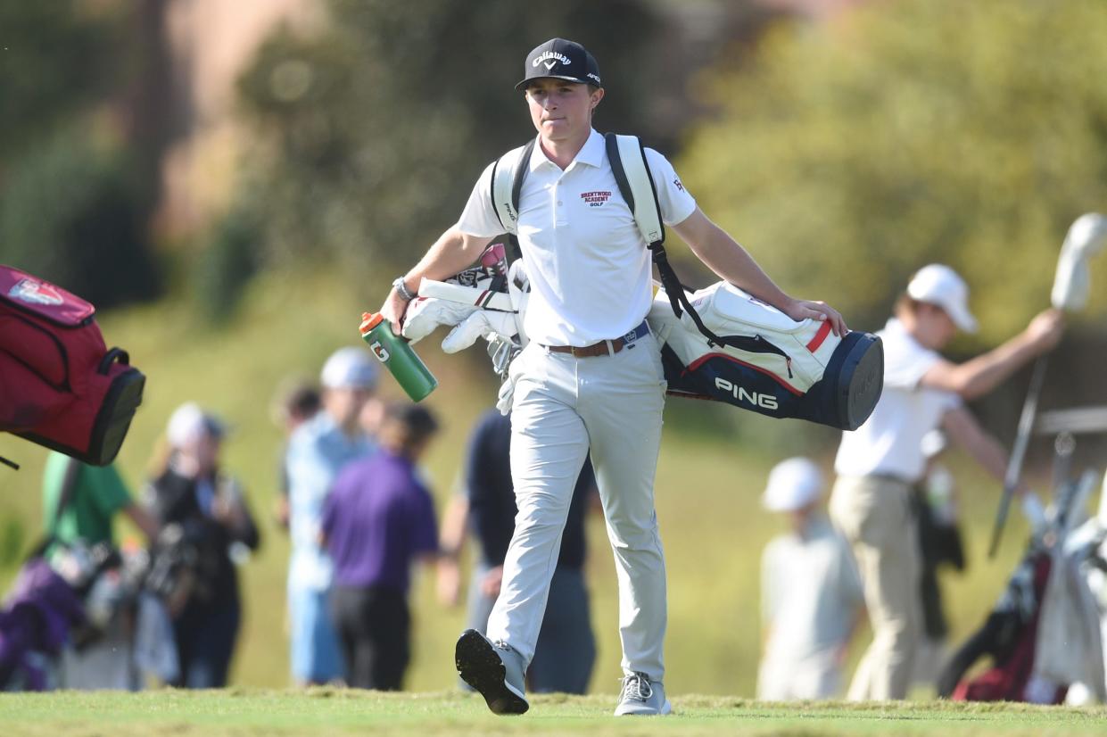 Brentwood Academy’s Blades Brown is seen on hole 1 while competing in the DII-AA TSSAA state golf tournament, at Sevierville Golf Club, Tuesday, Oct. 10, 2023.