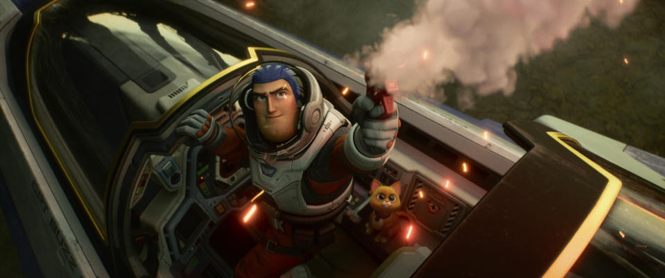 This image released by Disney/Pixar shows character Buzz Lightyear, voiced by Chris Evans, in a scene from the animated film "Lightyear," releasing June 17. (Disney/Pixar via AP)