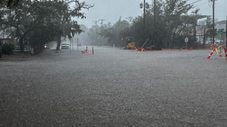 PHOTO: In this photo released by the Isle of Palms Police Department, on March 9, 2024, file photo, rain and flood waters are shown on a road in Isle of Palms, S.C. (Isle of Palms Police Department)