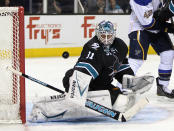 SAN JOSE, CA - APRIL 19: Antti Niemi #31 of the San Jose Sharks makes a save against the St. Louis Blues in Game Four of the Western Conference Quarterfinals during the 2012 NHL Stanley Cup Playoffs at HP Pavilion on April 19, 2012 in San Jose, California. (Photo by Ezra Shaw/Getty Images)