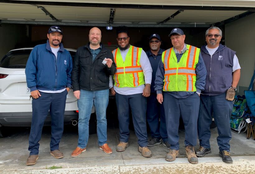 City of Chino Hills sanitation crew pictured with resident whose missing engagement ring was recovered. The City of Chino Hills Public Works staff have recovered a resident's missing engagement ring and reunited it with its original owner after more than a year after it was accidentally flushed down a residential toilet.