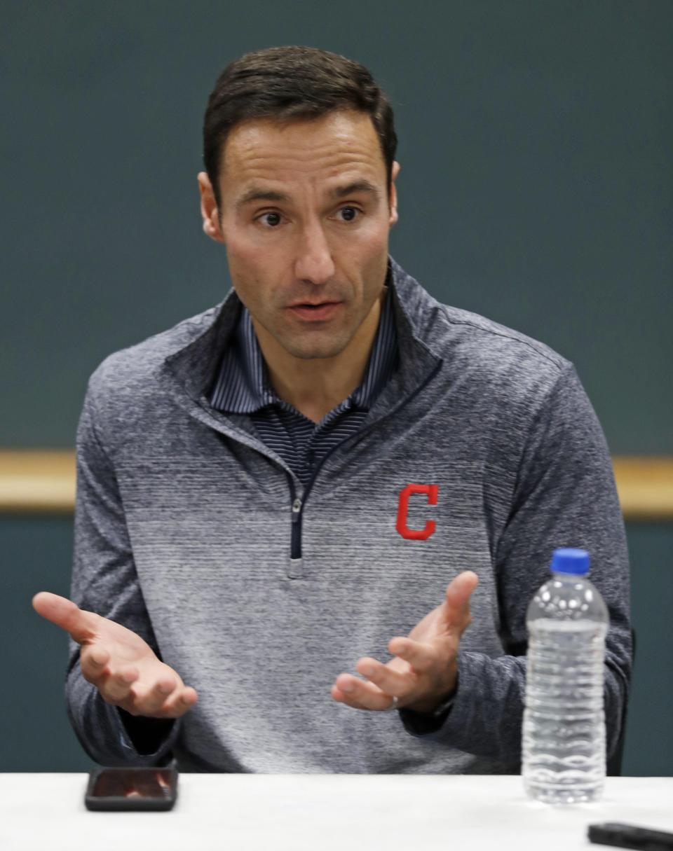 Indians president of baseball operations Chris Antonetti speaks at a news conference.