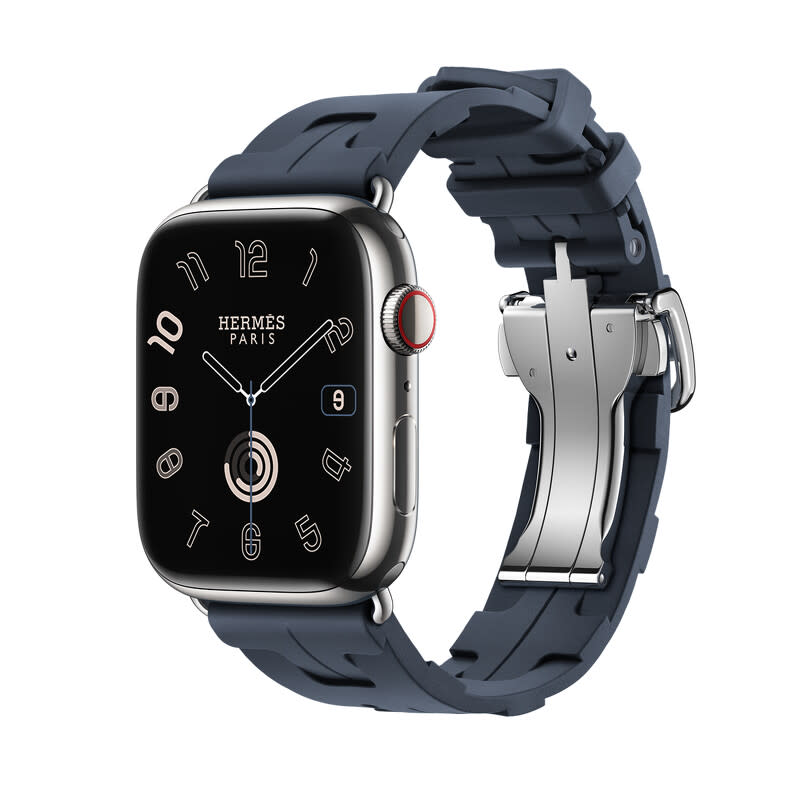 APPLE WATCH HERMES 9系列_45mm銀色不銹鋼錶殼_海軍藍色 Kilim 橡膠單圈折疊錶釦錶款_NT$ 42,400