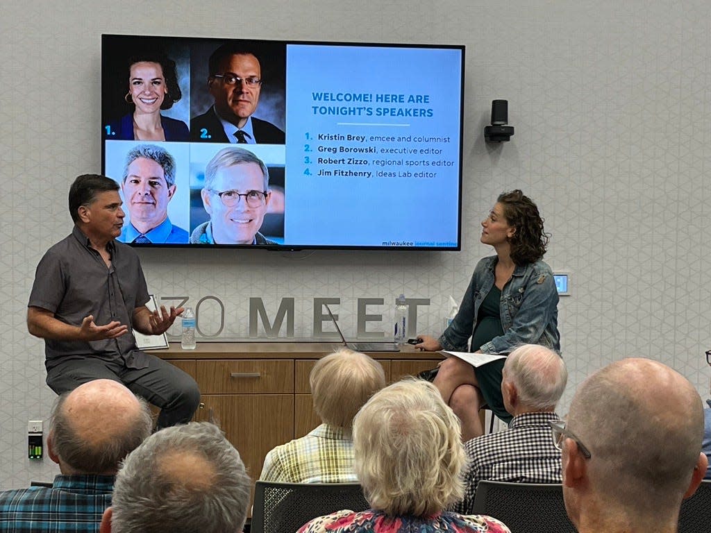 Tom Silverstein, left, and Kristin Brey, right, talk during an Inside the Journal Sentinel event at the Milwaukee Journal Sentinel in September.