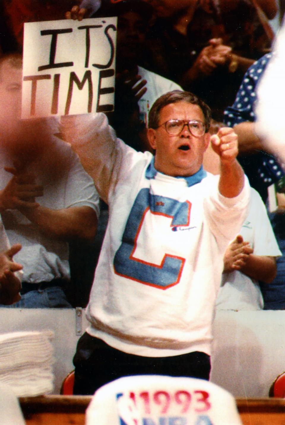 Mike Griffith of Aurora cheers on the Cleveland Cavaliers as they eliminate the New Jersey Nets from the Eastern Conference playoffs with a 99-89 Game 5 win at the Richfield Coliseum, Sunday, May 9, 1993, in Richfield, Ohio.