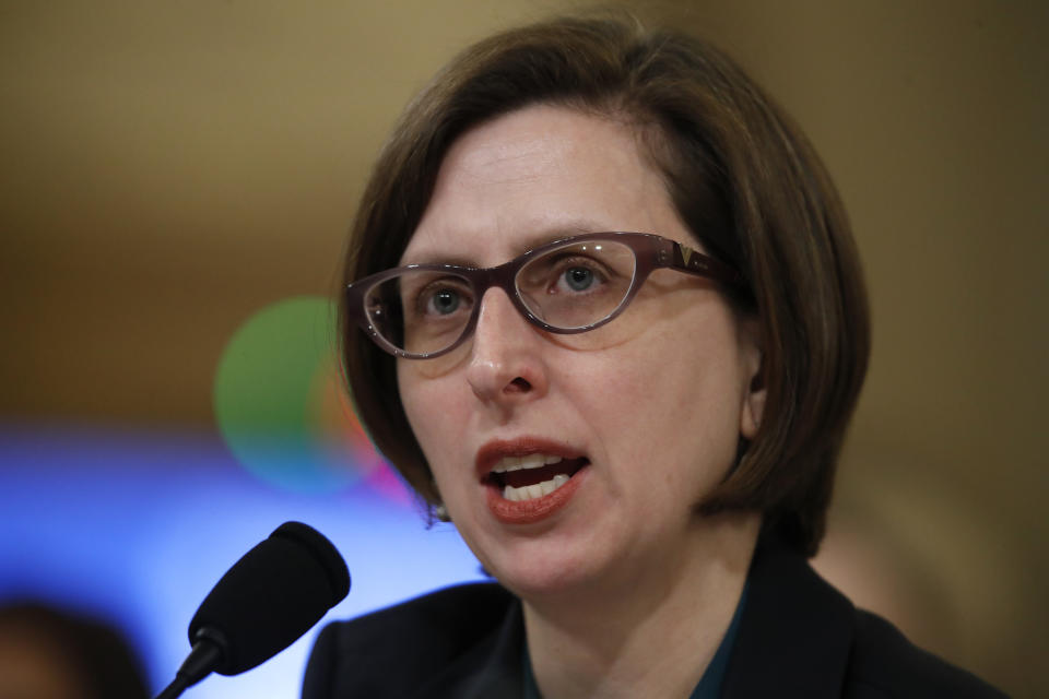 Deputy Assistant Secretary of Defense Laura Cooper testifies before the House Intelligence Committee on Capitol Hill in Washington, Wednesday, Nov. 20, 2019, during a public impeachment hearing of President Donald Trump's efforts to tie U.S. aid for Ukraine to investigations of his political opponents. (AP Photo/Alex Brandon)