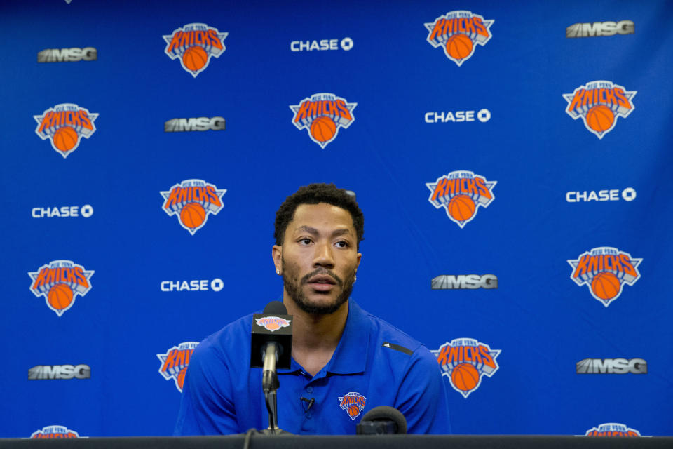 Derrick Rose speaks during a news conference at Madison Square Garden, Friday, June 24, 2016, in New York. The New York Knicks introduced Rose, the former NBA basketball MVP they acquired from the Chicago Bulls. (AP Photo/Mary Altaffer)