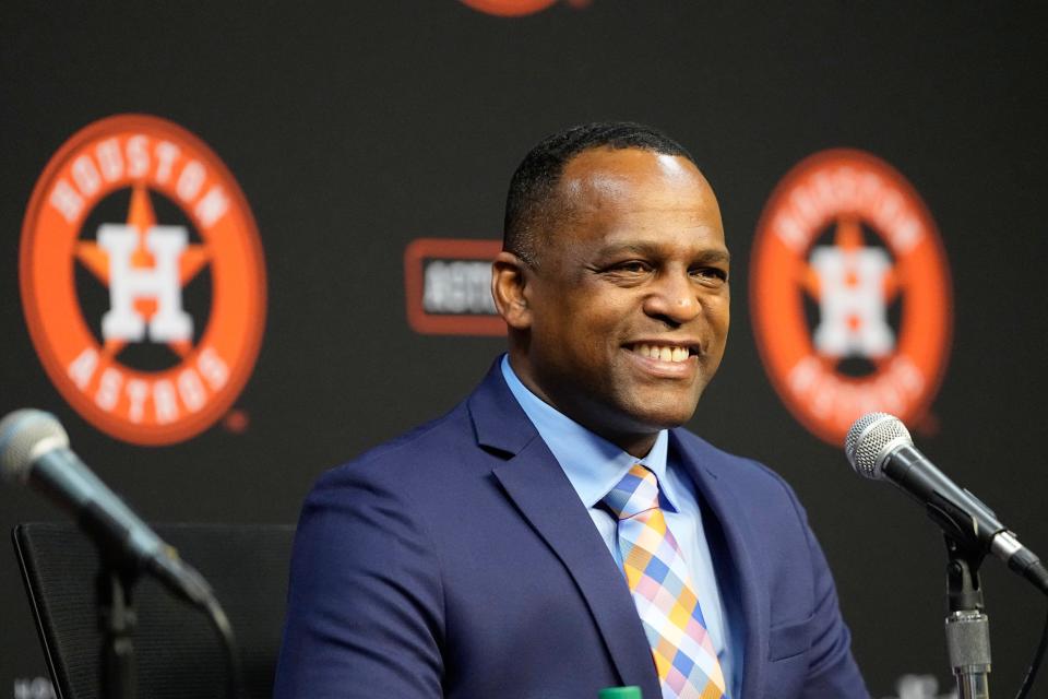 Dana Brown smiles during a news conference after being hired as the Astros general manager Thursday, Jan. 26, 2023, in Houston.