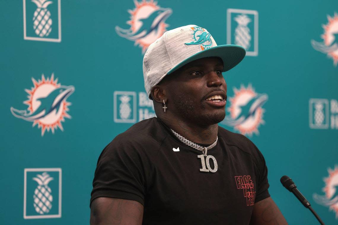 Dolphins newly acquired wide receiver Tyreek Hill holds his first press conference among family members and the press. Offensive tackle Terron Armstead and wide receiver Tyreek Hill both participated in their first press conference after being acquired by the Miami Dolphins inside the Baptist Health Training Complex’s second floor conference room in Miami Gardens, Florida on Thursday, March 24, 2022.