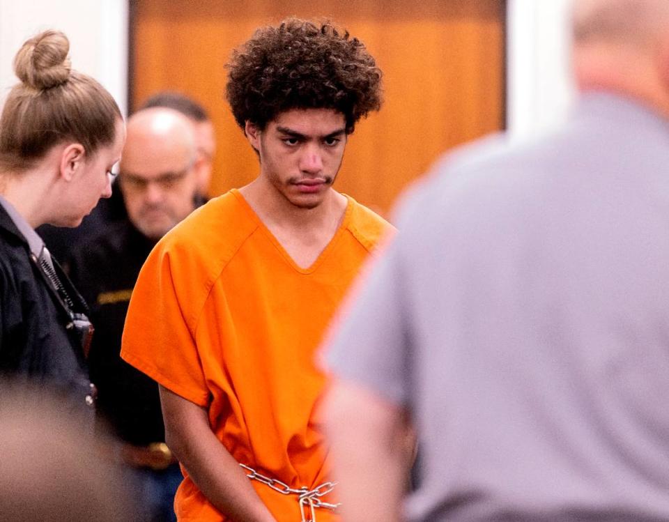 Issiah Ross enters Orange County Superior Court for a hearing on Jan. 10, 2023 in Hillsborough. Ross faces two first-degree murder charges in the deaths of Lyric Woods, 14, and Devin Clark, 18. Ross was 17 at the time.