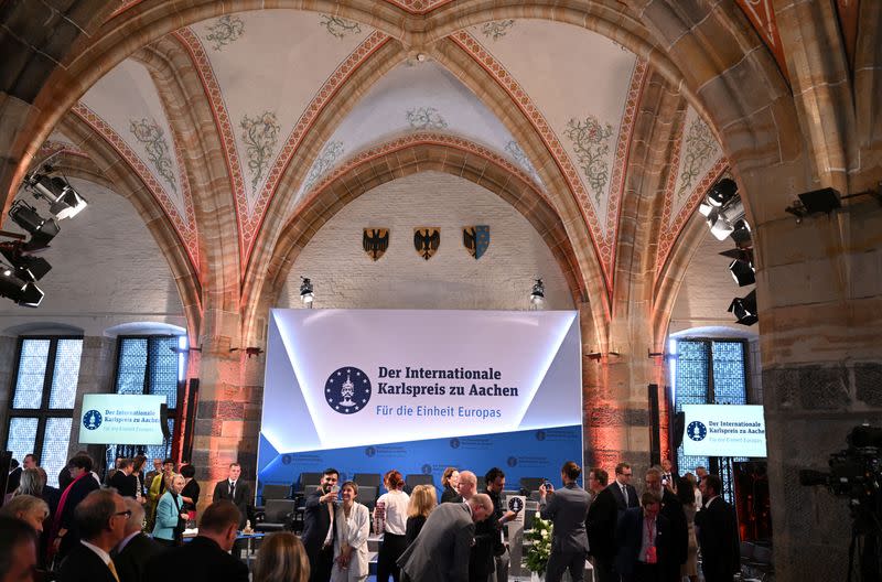 Ukraine's President Zelenskiy is awarded Germany's prestigious Charlemagne Prize, in Aachen