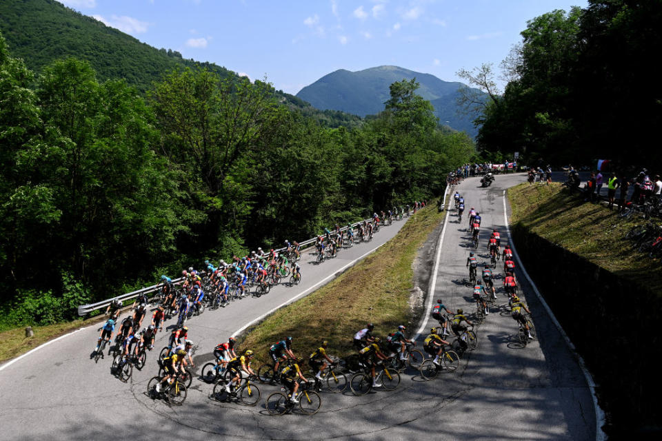 BERGAMO ITALY  MAY 21 A general view of the peloton competing at the Selvino 946m during the 106th Giro dItalia 2023 Stage 15 a 195km stage from Seregno to Bergamo  UCIWT  on May 21 2023 in Bergamo Italy Photo by Tim de WaeleGetty Images