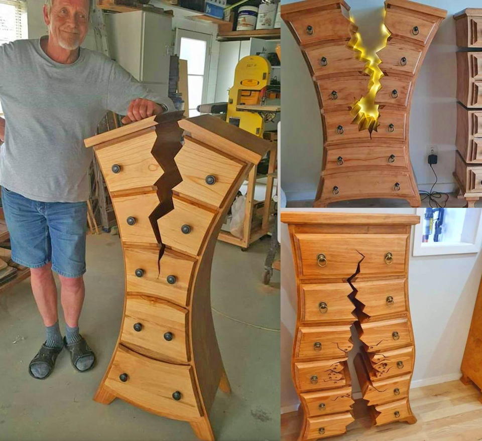 Woodworker Henk Verhoeff shows off his cartoon-like, 