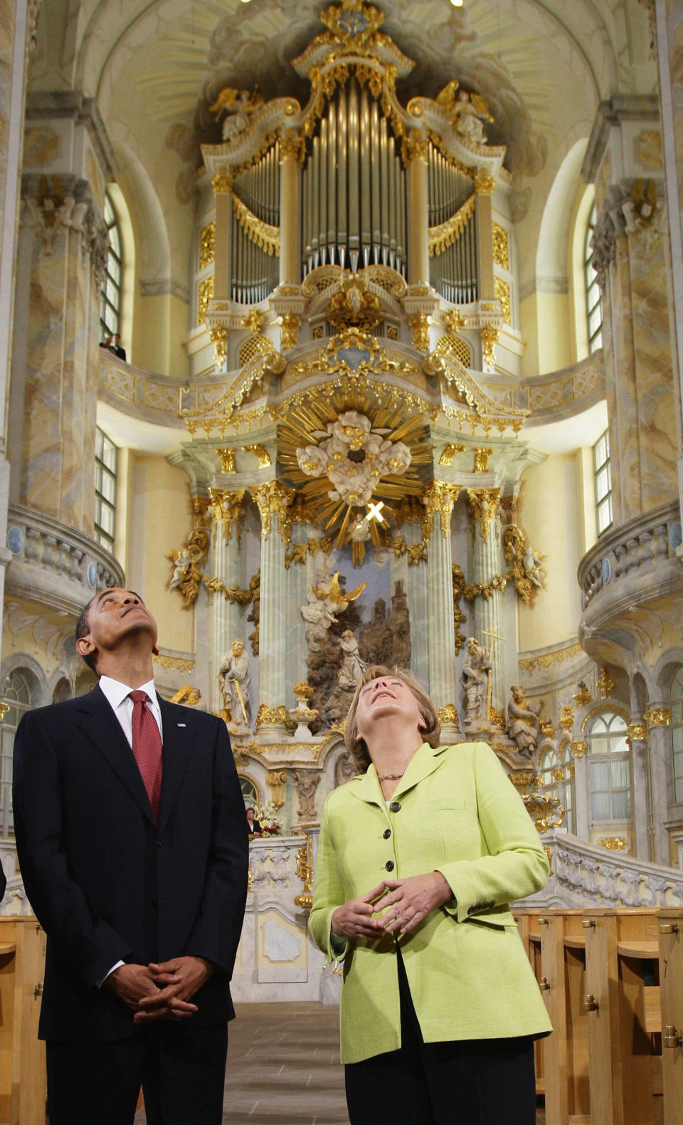 Obama and Merkel tour Dresden's landmark, the Frauenkirche (Church of Our Lady) on June 5, 2009, in Dresden, Germany.