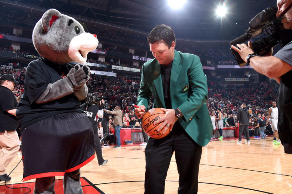Patrick Reed at the Rockets game. (Getty)