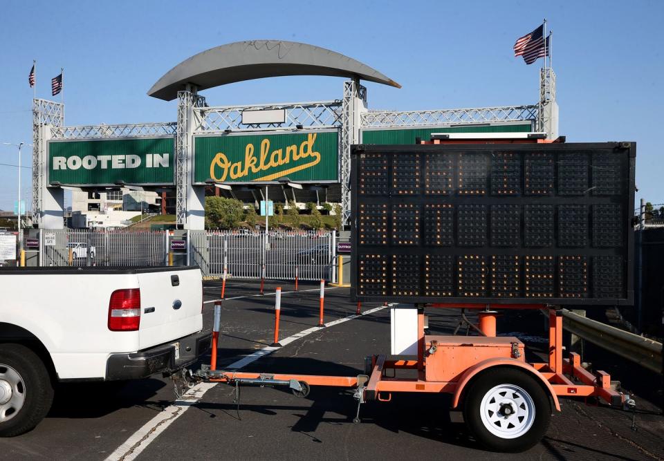 <p>A sign saying "Public Not Allowed" is seen before Oakland Athletics Bay Bridge Series game against the San Francisco Giants at the Coliseum in Oakland on Monday July 20.</p>
