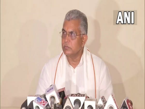 BJP national vice president Dilip Ghosh addressing a press conference in Kolkata on Monday. [Photo/ANI]