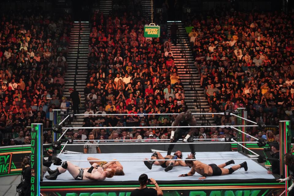 Omos attacks competitors during the 2022 men's Money In The Bank match at Money In The Bank at MGM Grand Garden Arena.