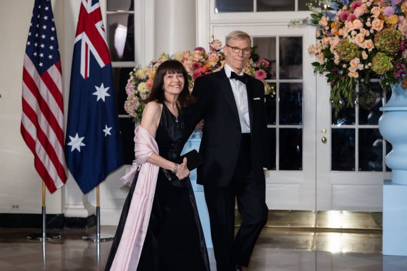 Lynn and Joseph Cornelius arrive for the state dinner in honor of Australian Prime Minister Anthony Albanese at the White House in Washington, D.C. on Wednesday. Photo by Tierney Cross/UPI