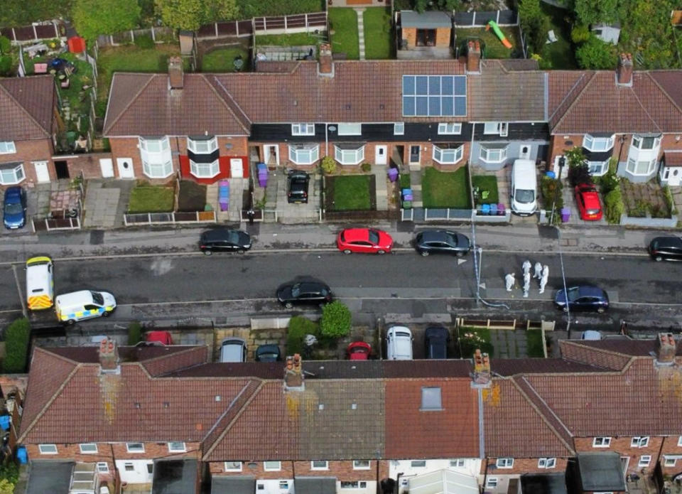 An aerial view of forensics officers at the scene in Kingsheath Avenue, Knotty Ash, Liverpool, where a nine-year-old girl has been fatally shot. Officers from Merseyside Police have started a murder investigation after attending a house at 10pm Monday following reports that an unknown male had fired a gun inside the property. Picture date: Tuesday August 23, 2022.