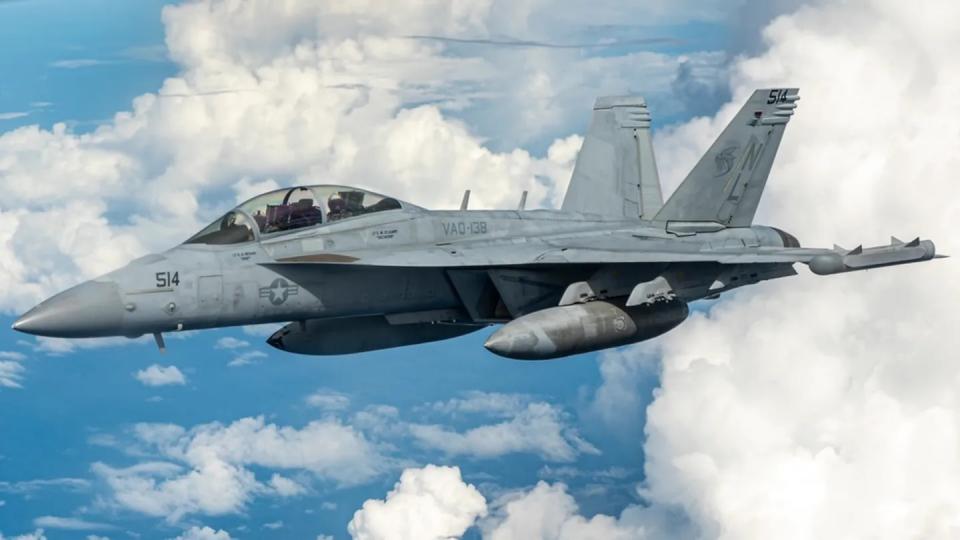A Navy EA-18G Growler aircraft attached to the Electronic Attack Squadron 138 