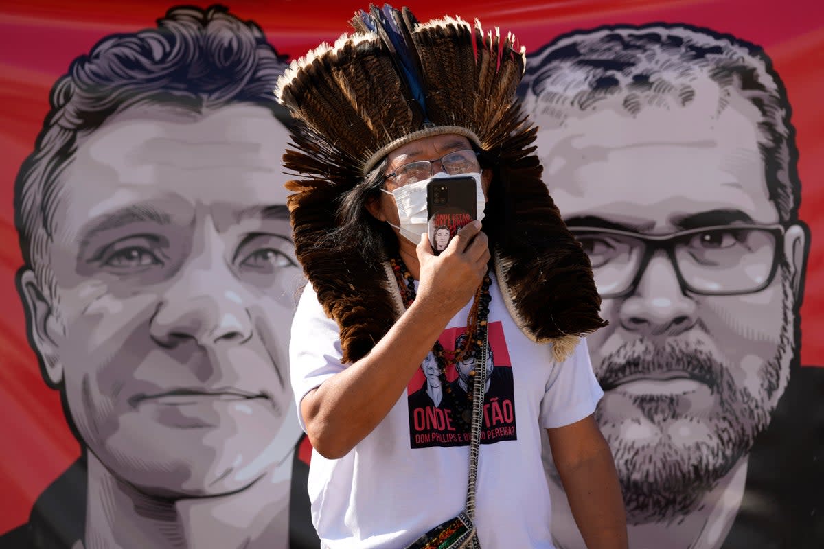 Indigenous leader Kamuu Wapichana during a protest calling on authorities to expand search efforts for Dom Phillips and Bruno Pereira last week  (AP)