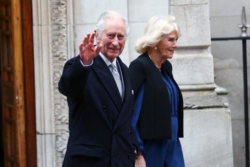 LONDON, ENGLAND - JANUARY 29: Britain’s King Charles III and Queen Camilla are seen leaving The London Clinic on January 29, 2024 in London, England. The King has been receiving treatment for an enlarged prostate (Getty Images)