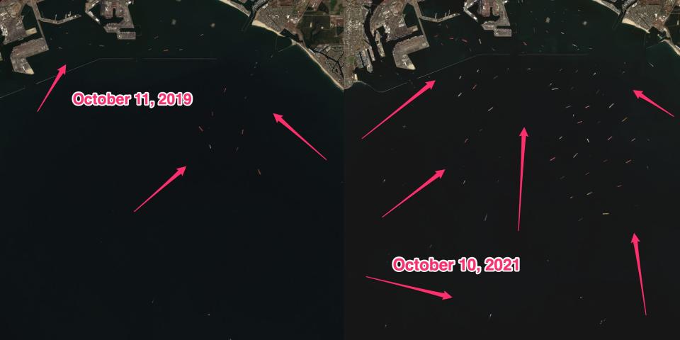 A side by side comparison of ship congestion off the Port of Long Beach in 2019 and 2021.