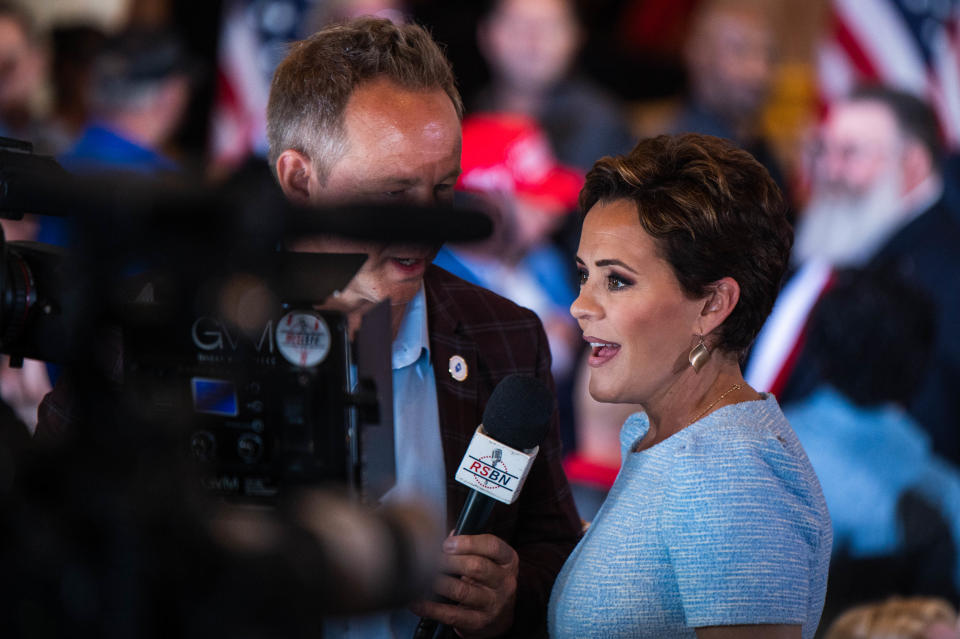 Former Arizona Republican gubernatorial candidate Kari Lake speaks to media during a press event at Mar-A-Lago on Tuesday, April 4, 2023, in Palm Beach FL. Former President Trump returned to Mar-A-Lago Tuesday evening after facing arraignment in New York earlier in the day.