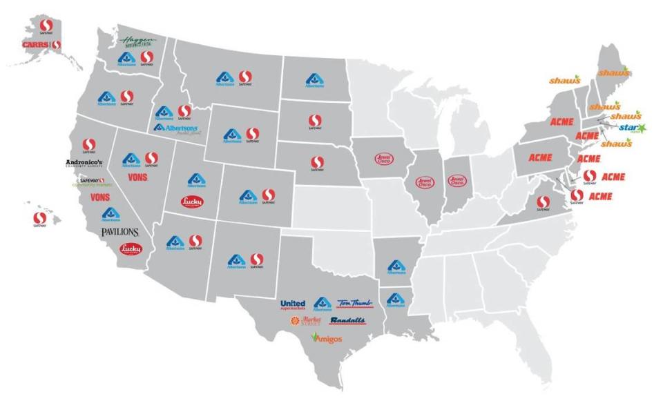 Albertsons Cos. in 2024 had nearly 2,300 stores in 35 states under at least 22 banners: Albertsons, Albertsons Market, Safeway, Jewel-Osco, Vons, Lucky, Pavilions, Randalls, Tom Thumb, Carrs, Acme, Shaw’s, Star Market, Kings, United Supermarkets, United Express, Market Street, Amigos, Haggen, Andronico’s Community Markets, Balducci’s, and Pak ‘n Save Foods.