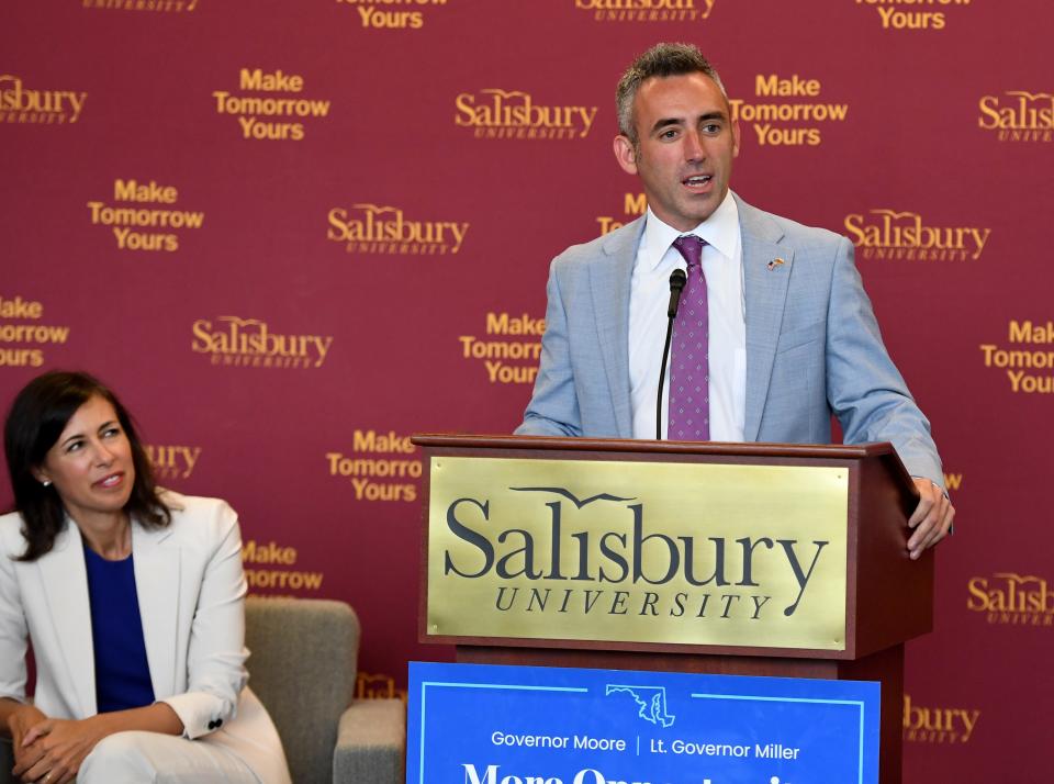 Jake Day, Maryland Secretary of Housing & Community Development, gives a speech on the Affordable Connectivity Program after a training session for the program at Salisbury University Tuesday, Aug. 29, 2023, in Salisbury, Maryland.