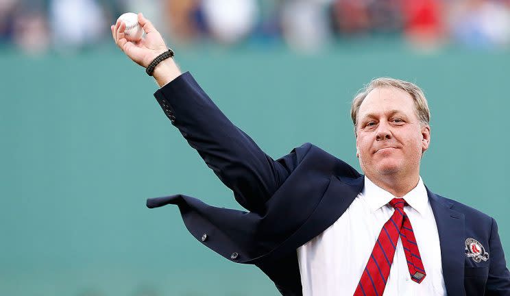 BOSTON, MA - AUGUST 03: Former Boston Red Sox pitcher Curt Schilling #38 throws out the first pitch after being inducted into the Red Sox Hall of Fame prior to the game against the Minnesota Twins during the game on August 3, 2012 at Fenway Park in Boston, Massachusetts. (Photo by Jared Wickerham/Getty Images)