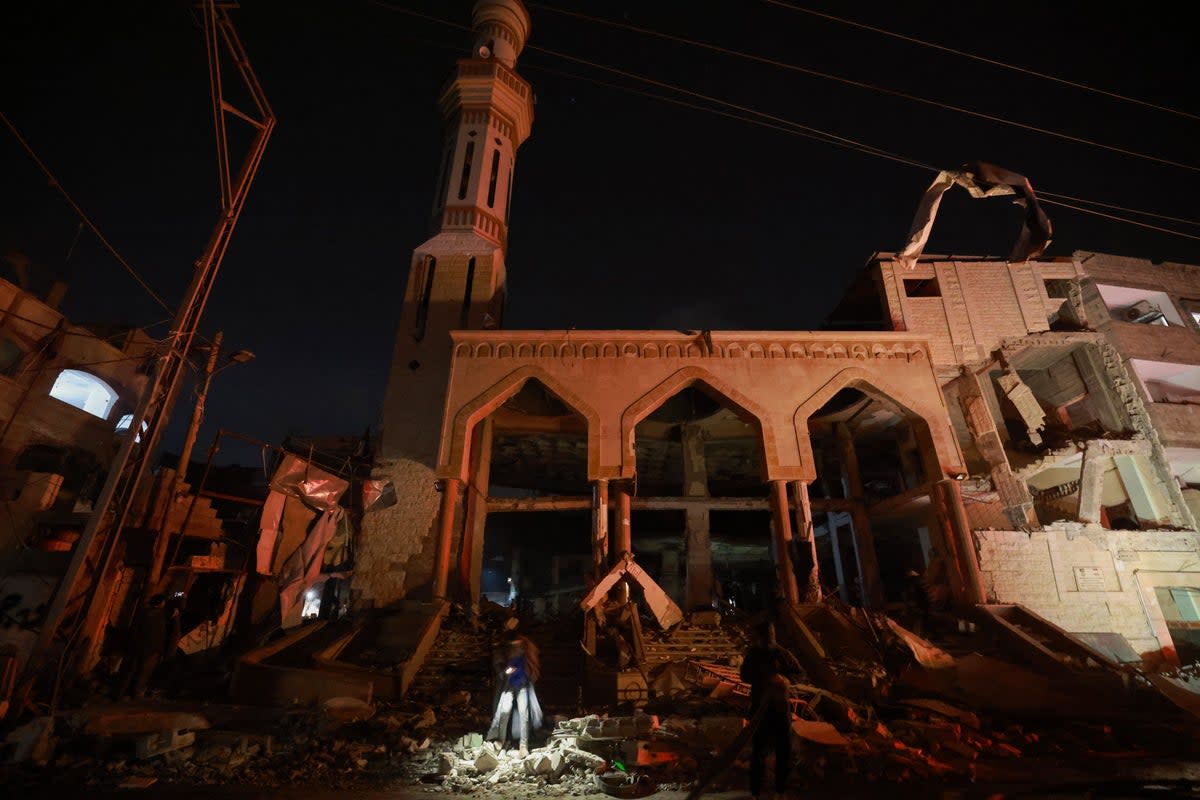 A destroyed mosque is seen following Israeli bombardments over Rafah in the southern Gaza Strip (Getty)