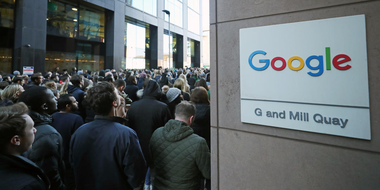 Google employees at its European headquarters in Dublin join others from around the world walking out of their offices in protest over claims of sexual harassment, gender inequality, and systemic racism at the tech giant. (Photo: Niall Carson/PA Images via Getty Images)