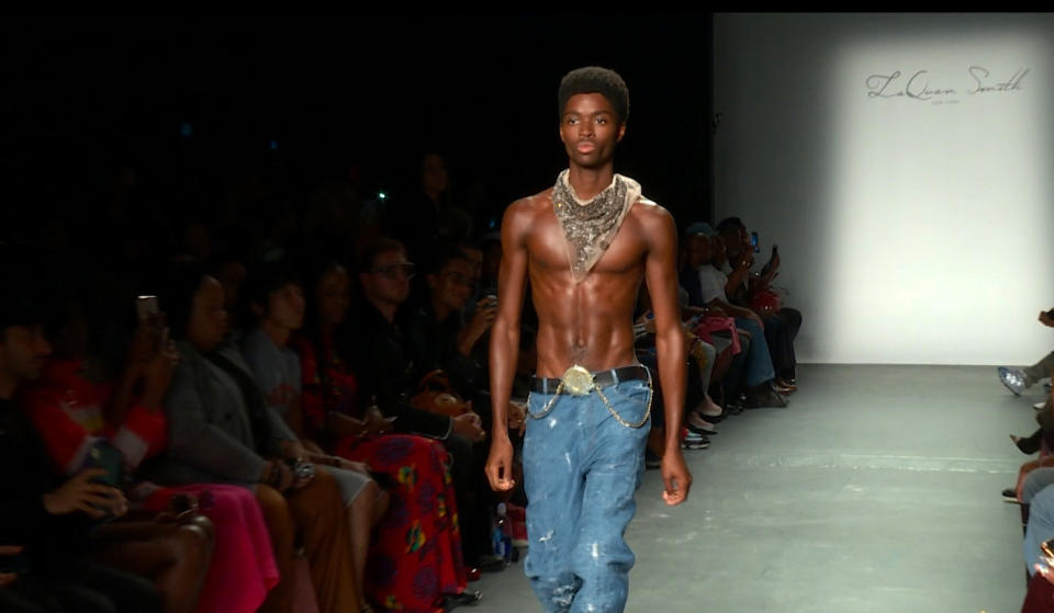 This Sept. 8, 2019 photo taken from video shows the latest fashion by LaQuan Smith being modeled during Fashion Week in New York, Sunday, Sept. 8, 2019. (AP Photo/Aron Ranen)